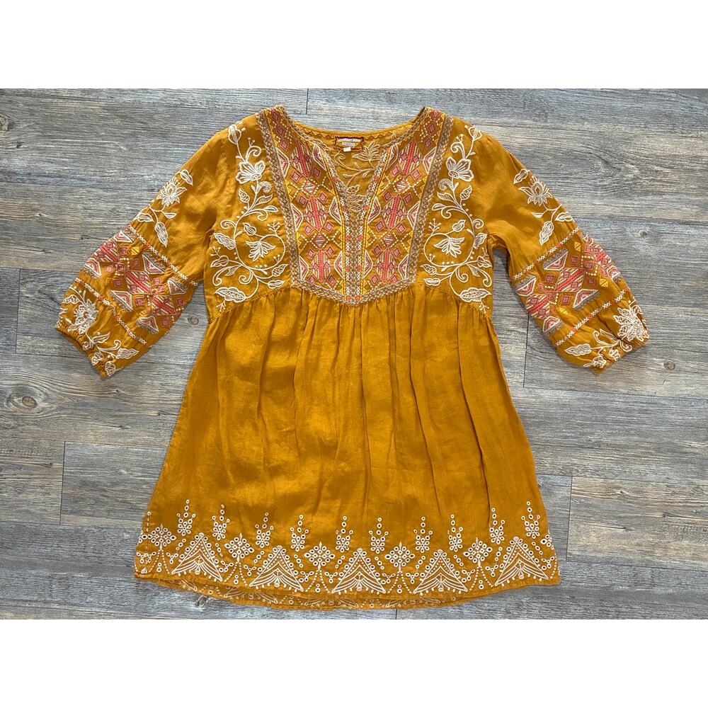 Johnny Was Chai Paris Embroidered Peasant Tunic Dress Large Mustard Gold Boho
